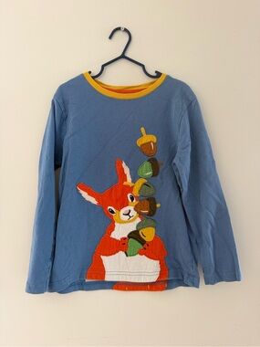 Mini Boden Blue Long-Sleeve Top with Squirrel and Yellow Trim 6-7Y